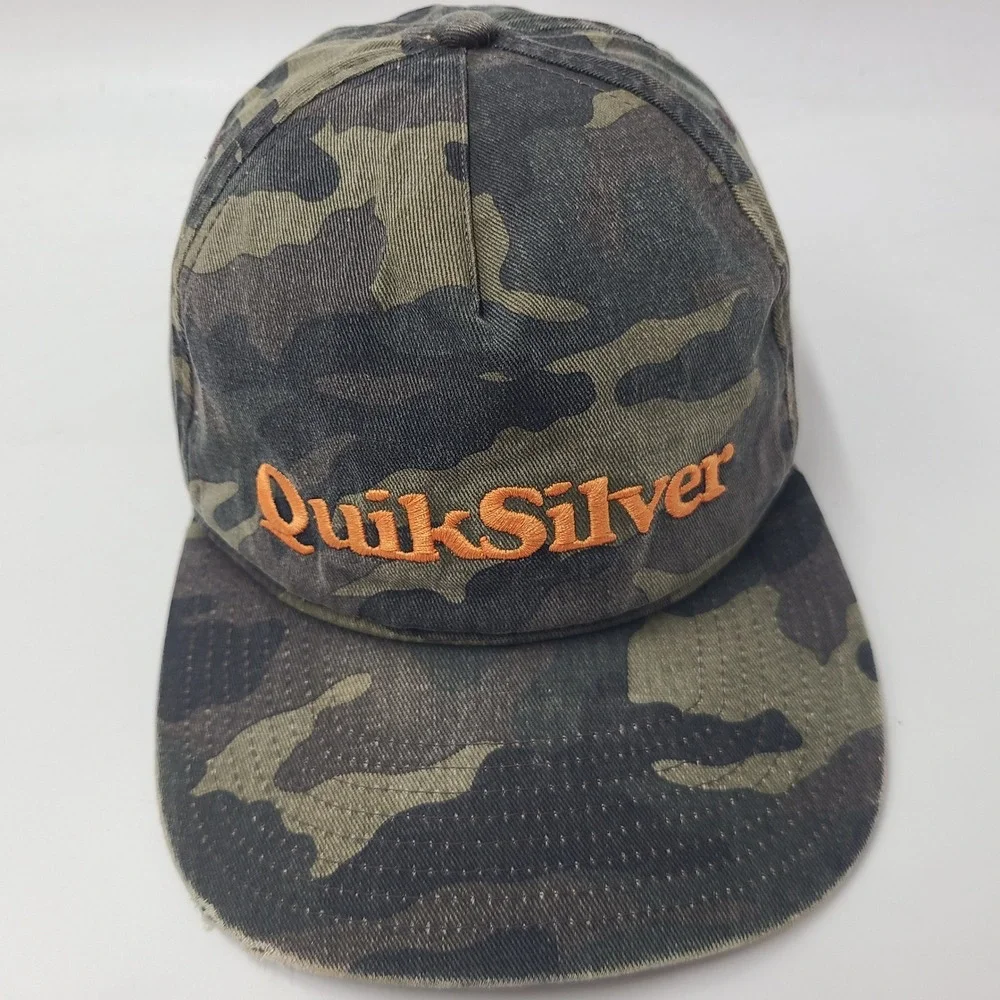 Quiksilver Hat Snapback Camo Green Brown Black Orange Logo Surf Skate Distressed